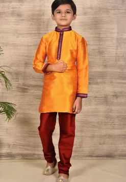 Embroidered Neckline Dupion Silk Kurta in Mustard