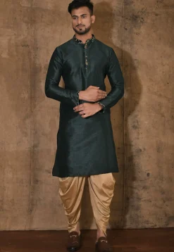 Embroidered Neckline Dupion Silk Kurta Set in Dark Green