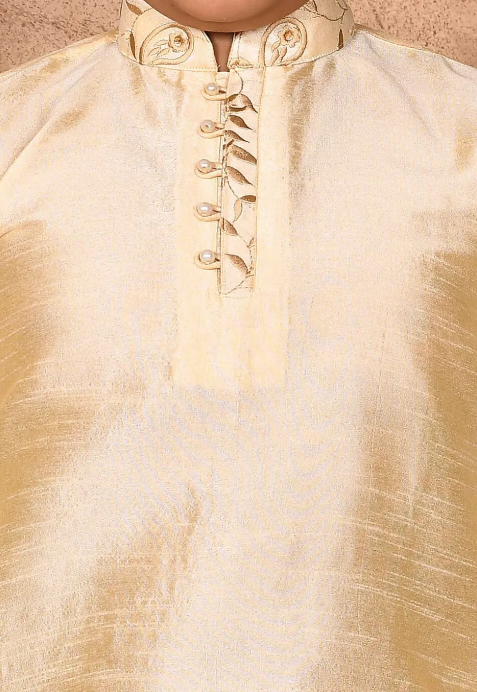 Embroidered Neckline Dupion Silk Kurta Set in Light Beige