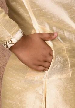 Embroidered Neckline Dupion Silk Kurta Set in Light Beige