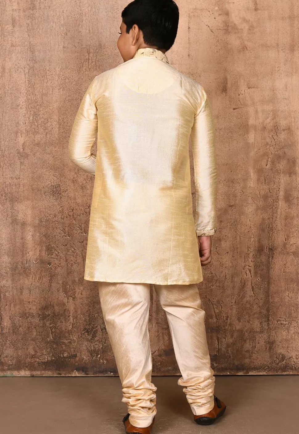 Embroidered Neckline Dupion Silk Kurta Set in Light Beige