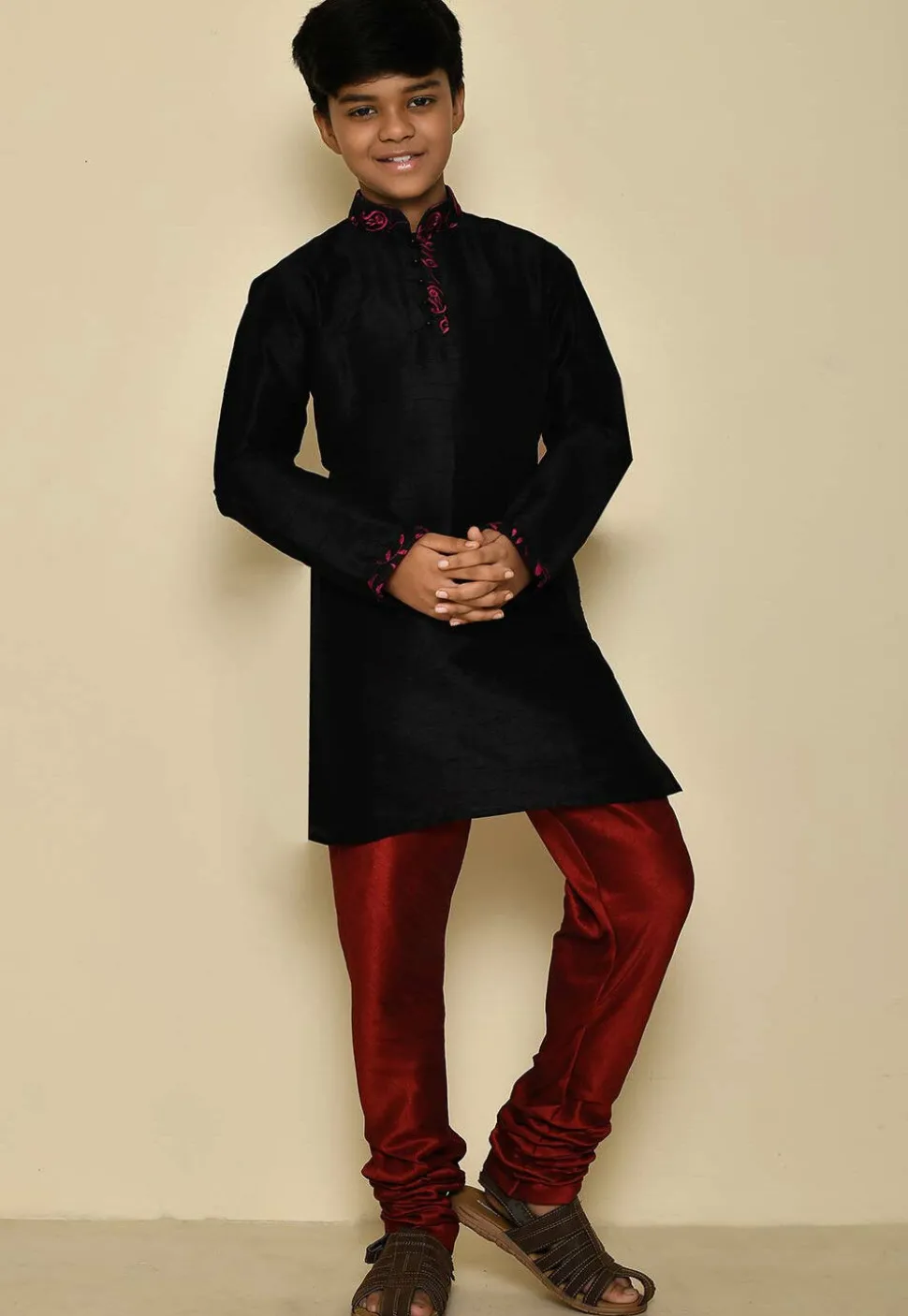 Embroidered Neckline Dupion Silk Kurta Set in Black