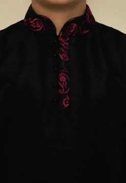 Embroidered Neckline Dupion Silk Kurta Set in Black