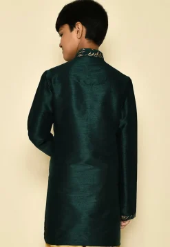 Embroidered Neckline Dupion Silk Kurta in Dark Green