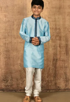 Embroidered Neckline Dupion Silk Kurta Set in Light Blue