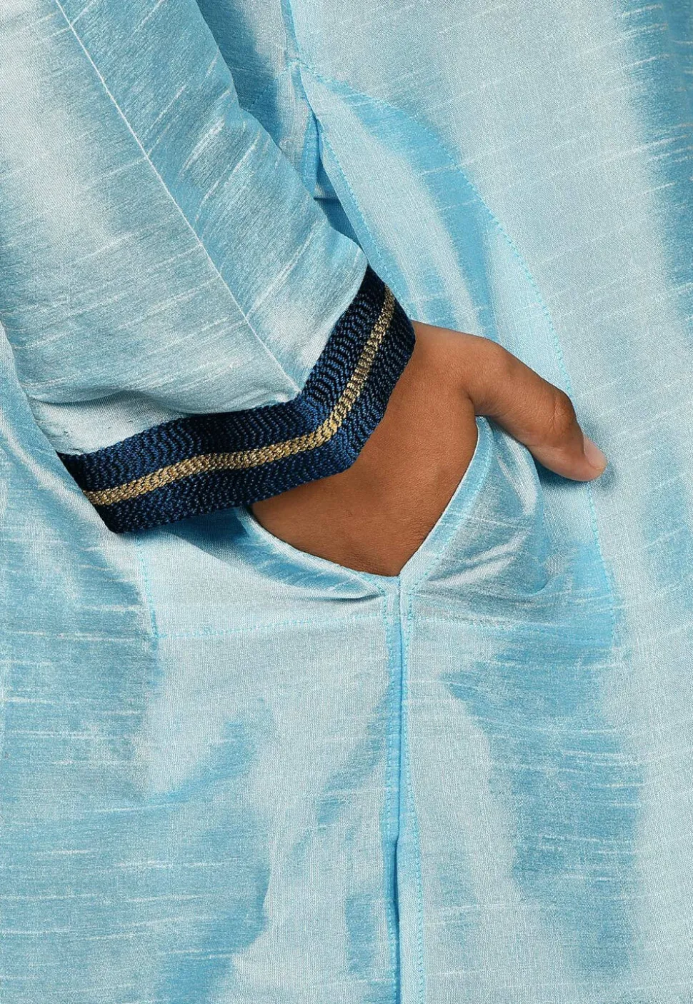 Embroidered Neckline Dupion Silk Kurta Set in Light Blue