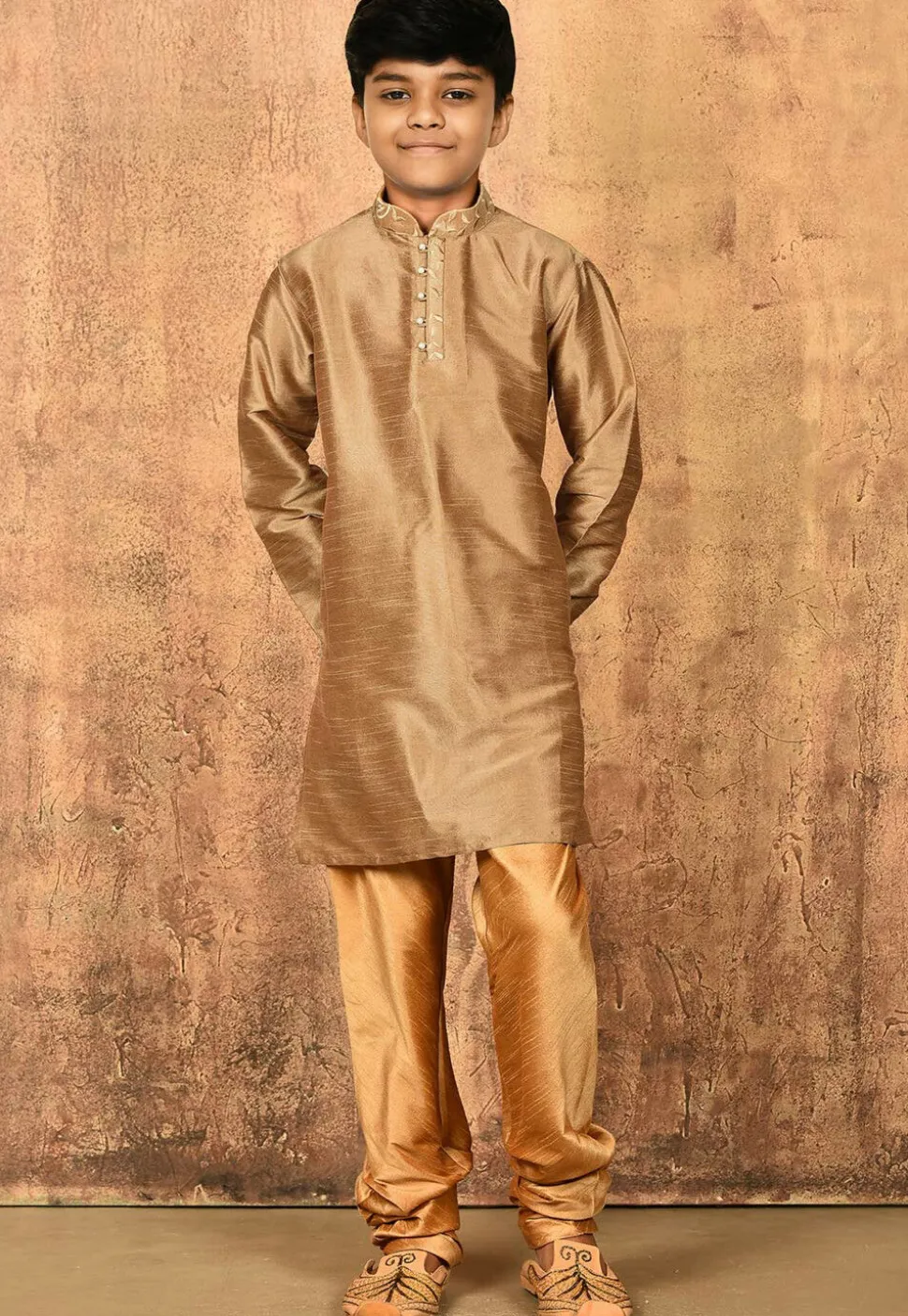 Embroidered Neckline Dupion Silk Kurta Set in Dark Beige