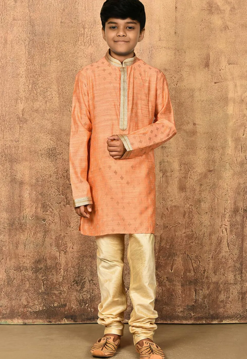 Embroidered Neckline Dupion Silk Kurta Set in Peach
