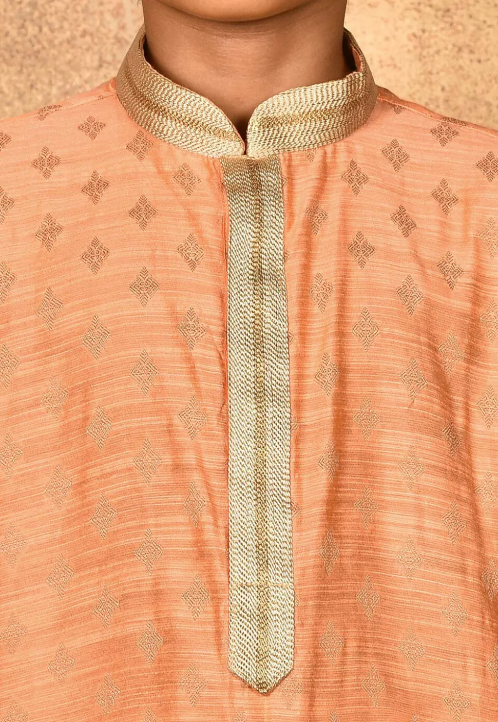 Embroidered Neckline Dupion Silk Kurta Set in Peach