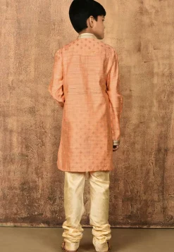 Embroidered Neckline Dupion Silk Kurta Set in Peach