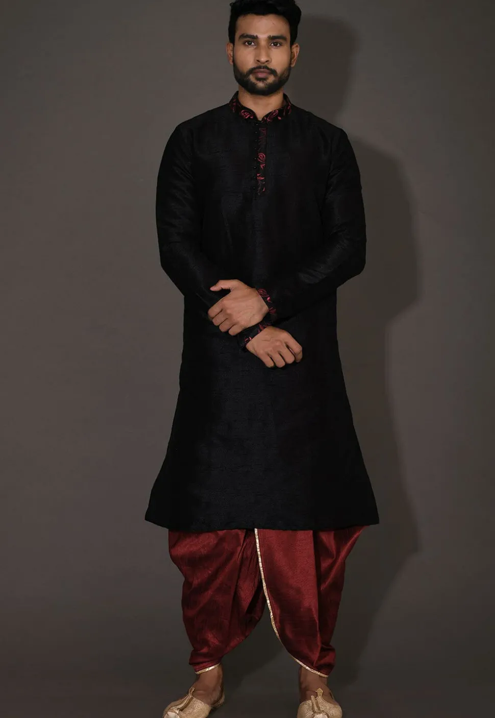 Embroidered Neckline Dupion Silk Dhoti Kurta in Black
