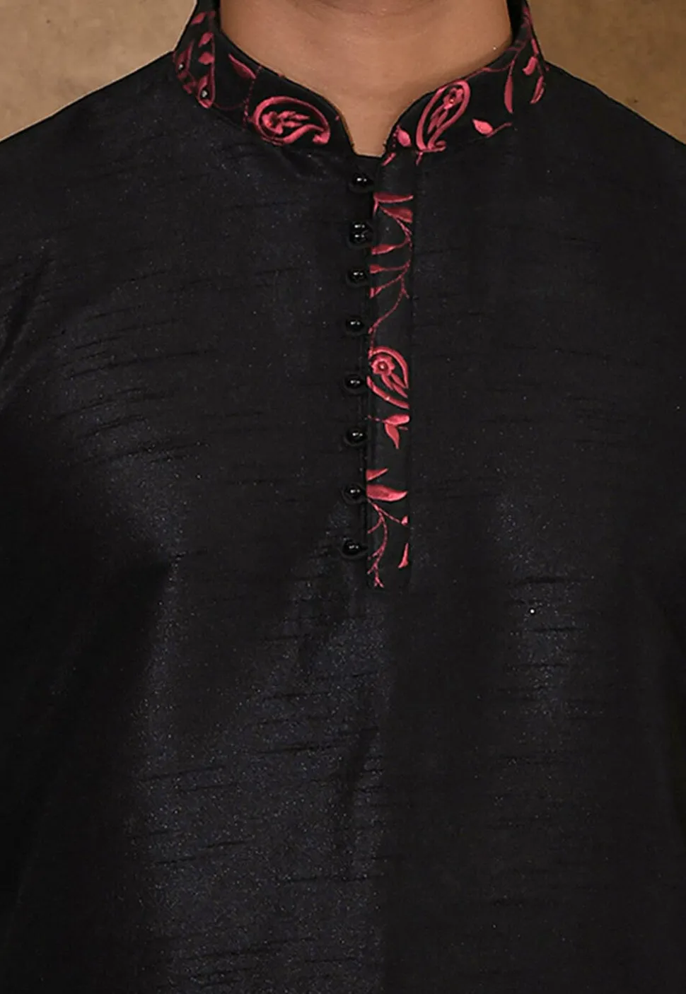 Embroidered Neckline Dupion Silk Dhoti Kurta in Black