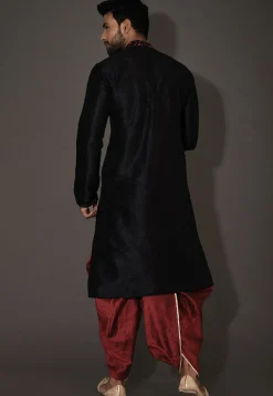 Embroidered Neckline Dupion Silk Dhoti Kurta in Black
