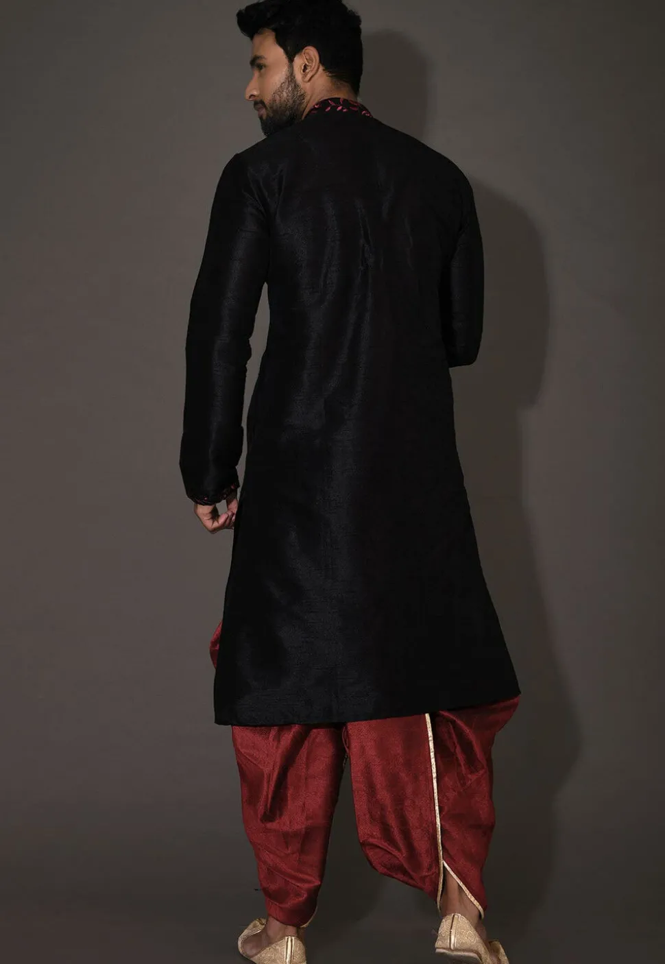 Embroidered Neckline Dupion Silk Dhoti Kurta in Black