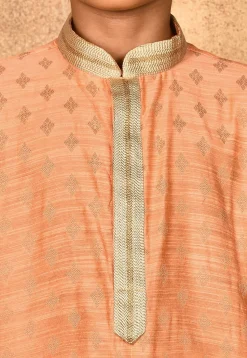 Embroidered Neckline Dupion Silk Kurta in Peach