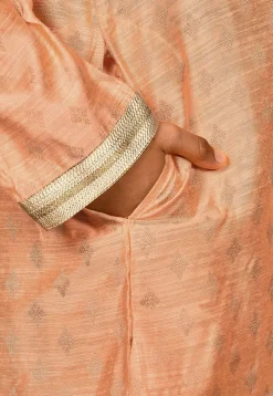 Embroidered Neckline Dupion Silk Kurta in Peach