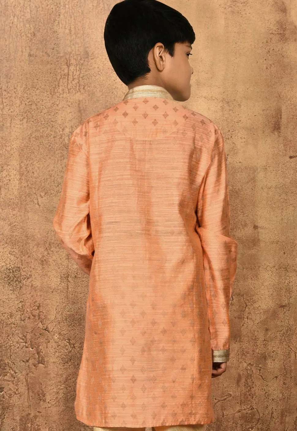 Embroidered Neckline Dupion Silk Kurta in Peach