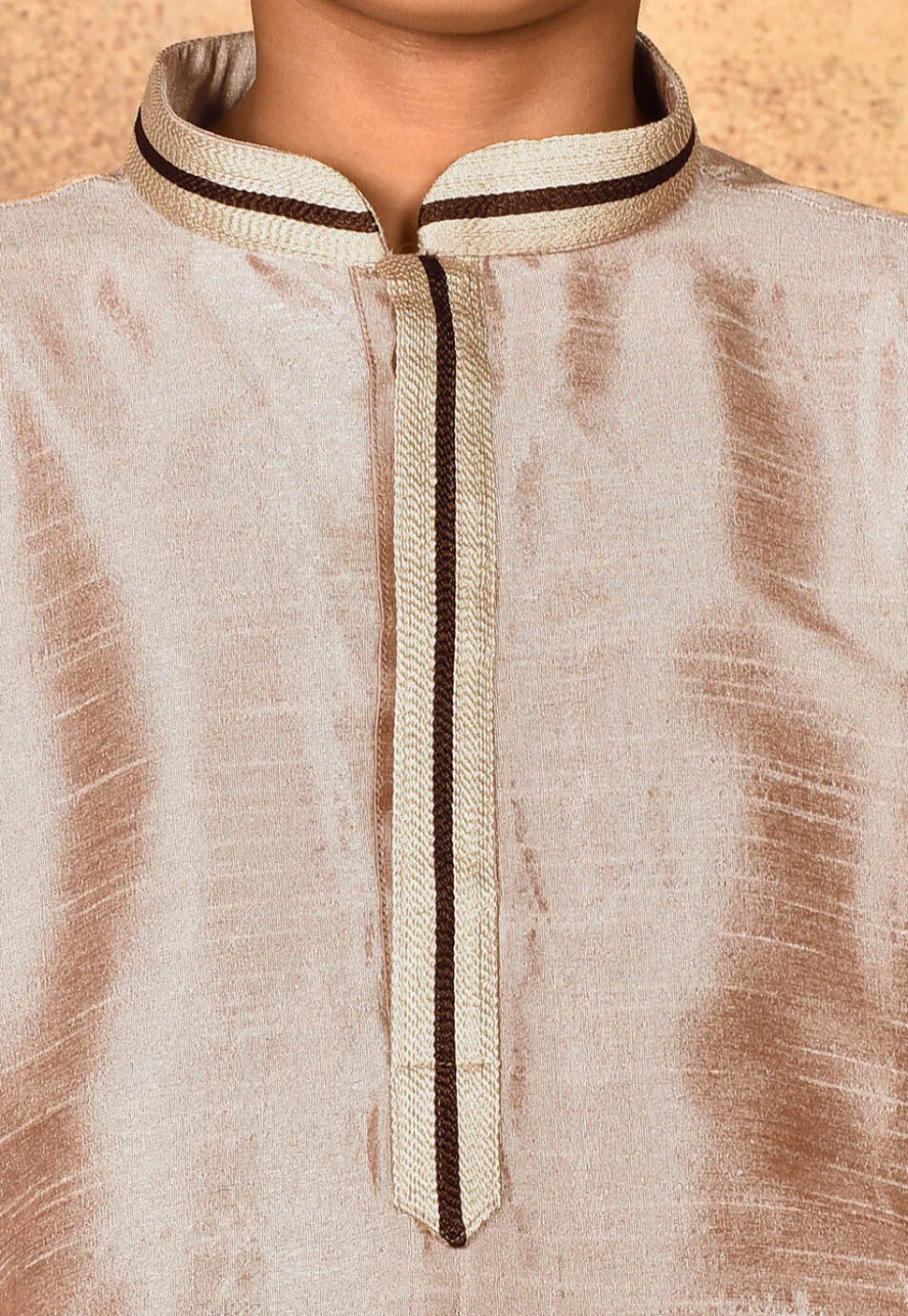 Embroidered Neckline Dupion Silk Kurta Set in Pastel Brown