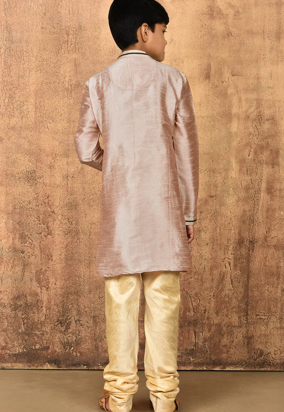 Embroidered Neckline Dupion Silk Kurta Set in Pastel Brown