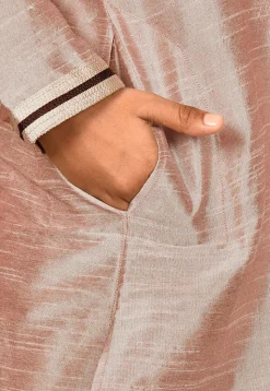 Embroidered Neckline Dupion Silk Kurta in Pastel Brown