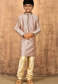 Embroidered Neckline Dupion Silk Kurta in Pastel Brown