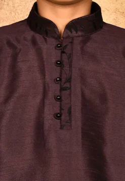 Embroidered Neckline Dupion Silk Kurta in Wine