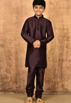 Embroidered Neckline Dupion Silk Kurta in Wine