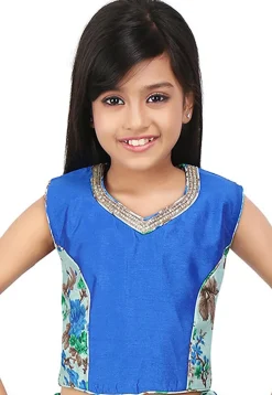 Embroidered Neckline Dupion Silk Top in Blue and Pastel Blue