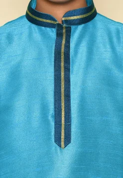 Embroidered Neckline Dupion Silk Kurta in Sky Blue
