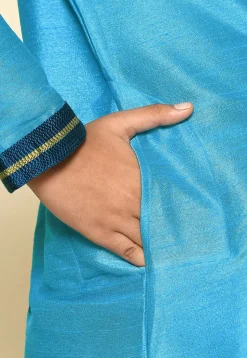 Embroidered Neckline Dupion Silk Kurta in Sky Blue