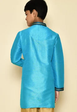 Embroidered Neckline Dupion Silk Kurta in Sky Blue