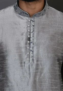 Embroidered Neckline Dupion Silk Kurta Set in Grey