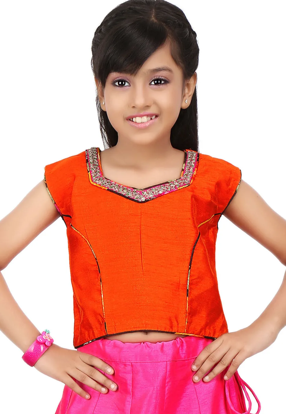 Embroidered NeckLine Dupion Crop Top in Orange