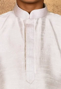 Embroidered Neckline Dupion Silk Kurta Set in Off White