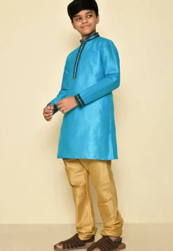 Embroidered Neckline Dupion Silk Kurta Set in Sky Blue