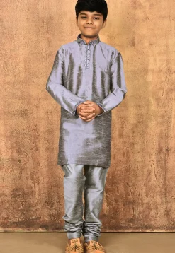 Embroidered Neckline Dupion Silk Kurta in Grey