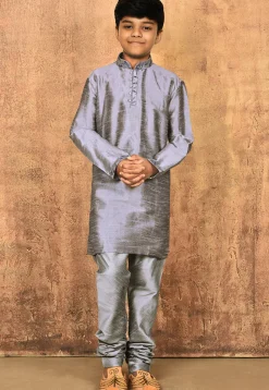 Embroidered Neckline Dupion Silk Kurta Set in Grey