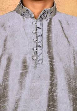 Embroidered Neckline Dupion Silk Kurta Set in Grey
