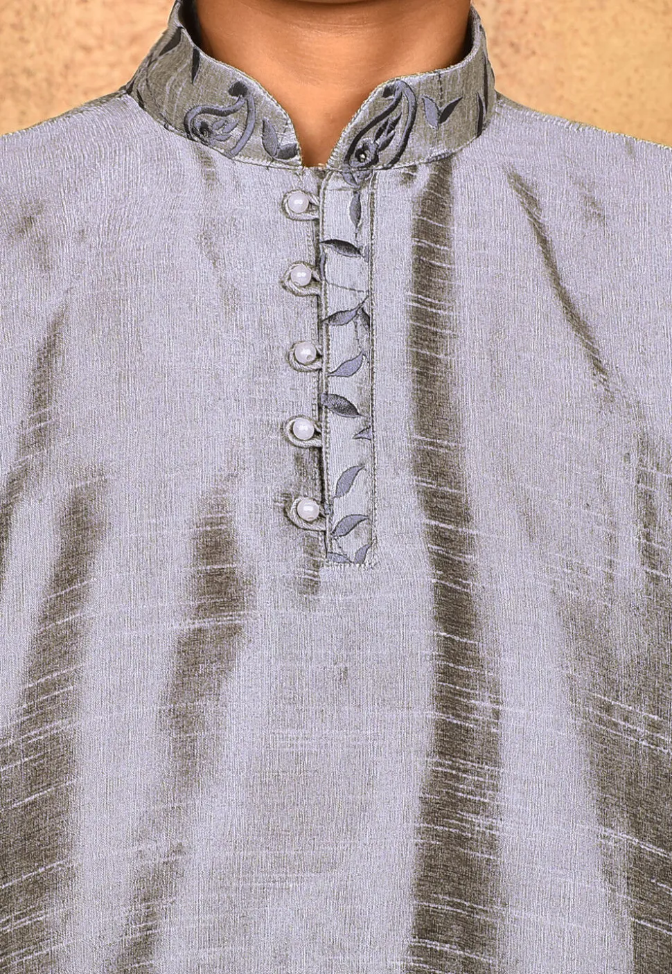 Embroidered Neckline Dupion Silk Kurta Set in Grey