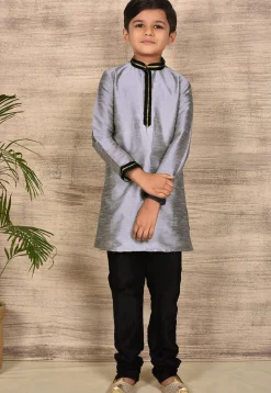 Embroidered Neckline Dupion Silk Kurta Set in Grey