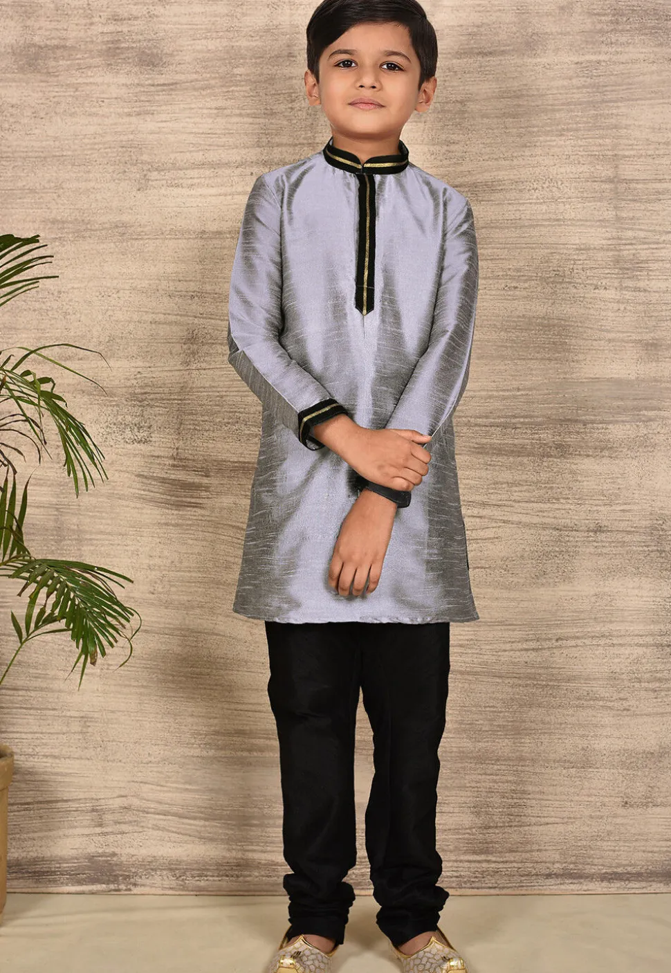 Embroidered Neckline Dupion Silk Kurta Set in Grey
