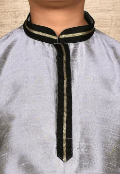 Embroidered Neckline Dupion Silk Kurta Set in Grey