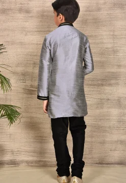 Embroidered Neckline Dupion Silk Kurta Set in Grey