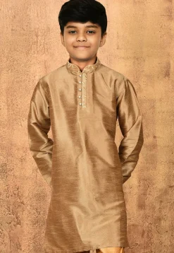 Embroidered Neckline Dupion Silk Kurta in Dark Beige