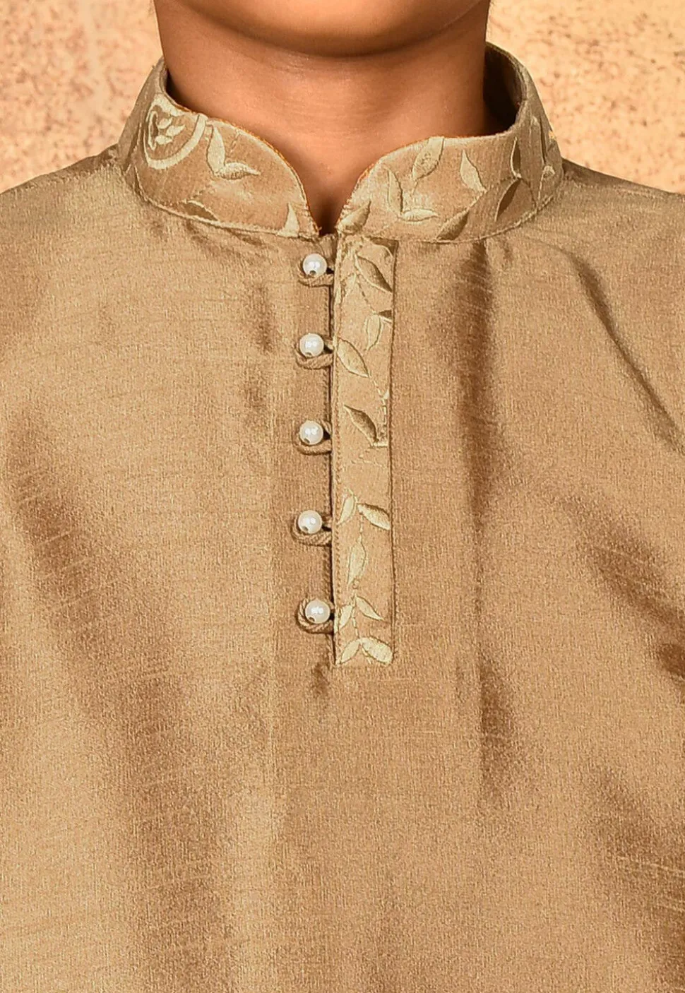 Embroidered Neckline Dupion Silk Kurta in Dark Beige