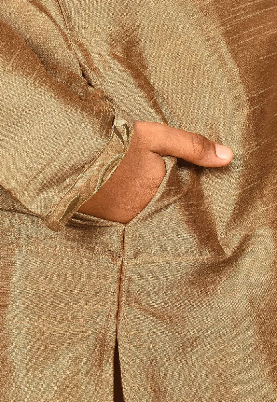 Embroidered Neckline Dupion Silk Kurta in Dark Beige