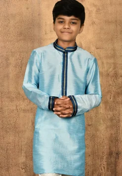 Embroidered Neckline Dupion Silk Kurta in Light Blue