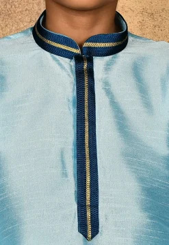 Embroidered Neckline Dupion Silk Kurta in Light Blue