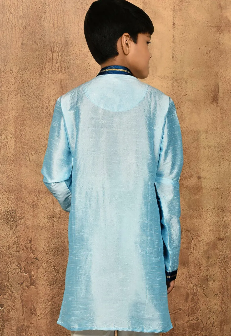 Embroidered Neckline Dupion Silk Kurta in Light Blue