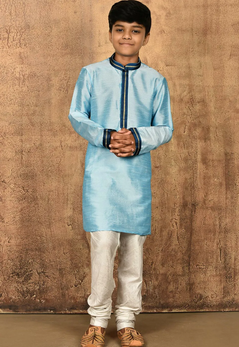 Embroidered Neckline Dupion Silk Kurta in Light Blue
